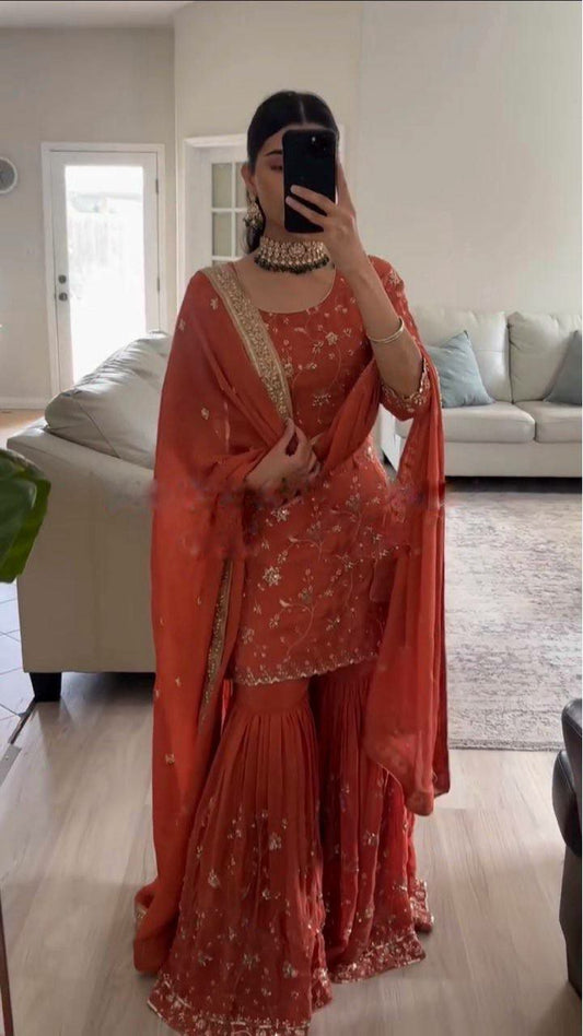 Heavy Faux Georgette With Embroidery Sequence Work With Fully Flair Sharara Palazzo Dress