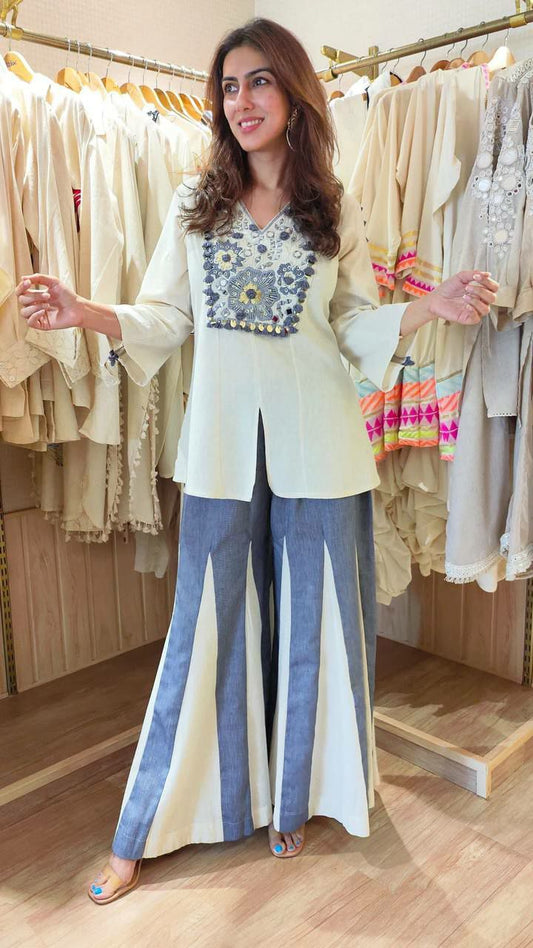Pure Roman Silk & Hand Work Embroidery Work With Real Mirror Work And Lace Work With Full Flair Palazzo Suit