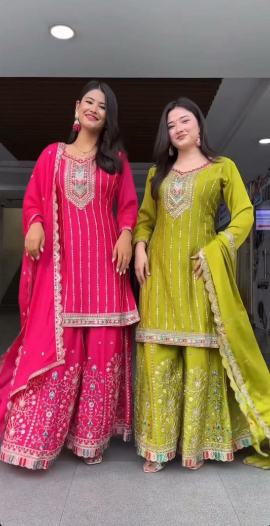 Pure Heavy Chinon Silk With Heavy Embroidery Coding Sequence Work And Four Side Lace Border Dupatta Type Palazzo Dress