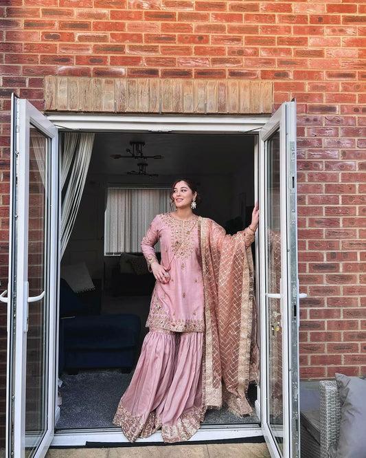 PURE CHINON SILK WITH ATTRACTIVE & BEAUTIFUL EMBROIDERY SEQUENCE WORK AND READY MADE LACE BORDER SHARARA KURTI