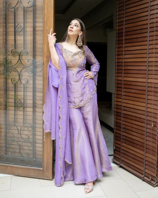 Heavy Simar Silk With Heavy Micro Cotton And Embroidery Work With Elastic Palazzo Dress