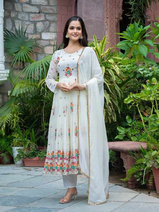 Faux Georgette With Full Heavy Embroidery Sequence Work And Four Side Border Lace Type Bottom Gown