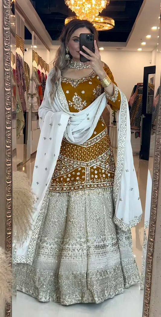 Chinon Silk And Multi Needle Embroidery Work With Sequence and Zari Work Type Top & Lehenga