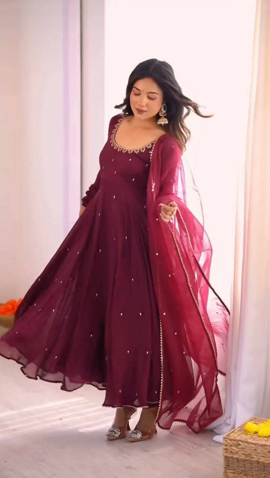 Heavy Fox Georgette With Embroidery Sequence Work With Lace Border Dupatta With Fully Flair Bottom Gown