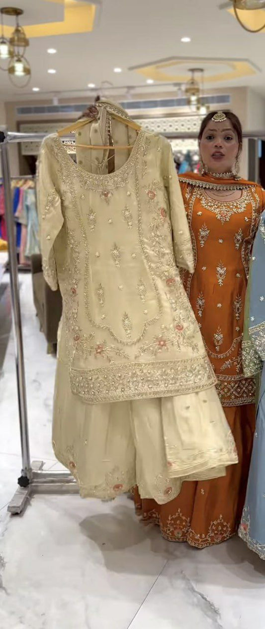 Natural Crepe With Micro Inner And Heavy Embroidery Sequence Work With Elastic Sharara Dress