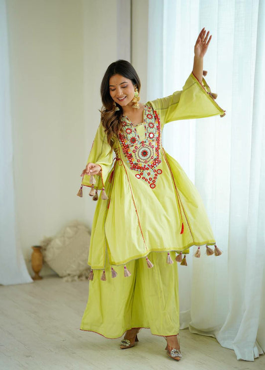 Pure Khadi Cotton With Embroidery Sequence Work & Mirror Work With Pocket Type Palazzo Suit