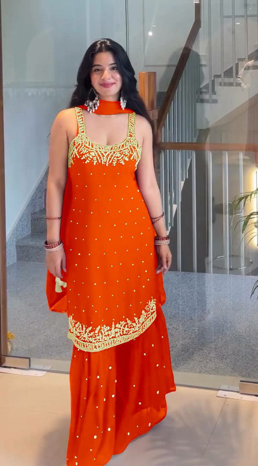 Heavy Faux Georgette With Beads Hand Work With Riyal Mirror Hand Work & Embroidery Sequence Work With Rivet Moti Work With Elastic Palazzo Dress