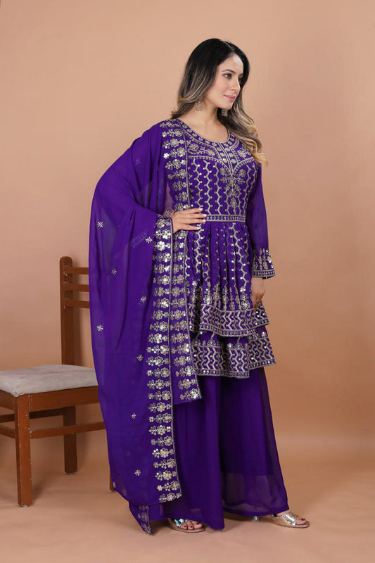 Fox Georgette With Double Flair Zalar And Heavy Coding Sequence Embroidery Work With Elastic Sharara Dress