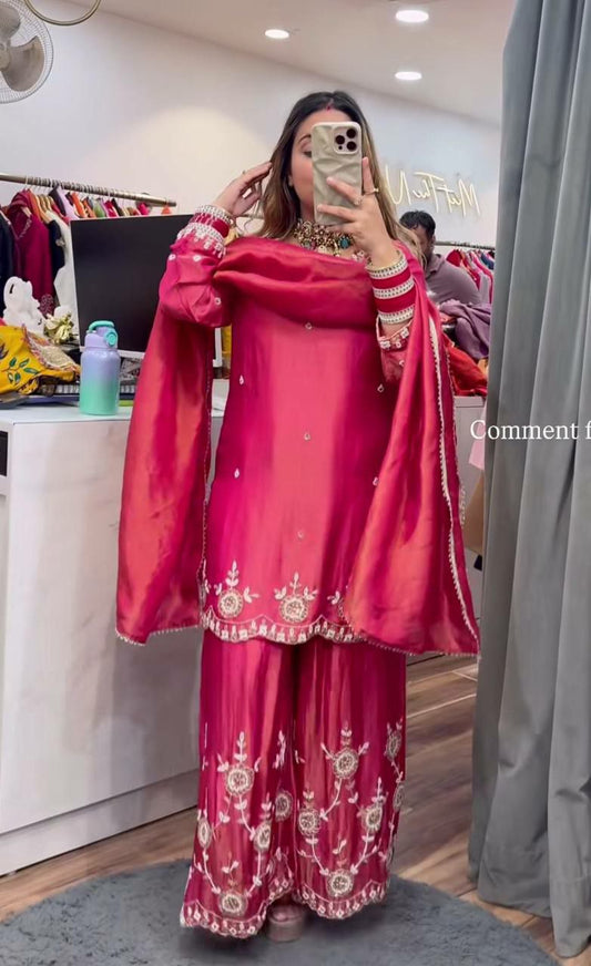 Heavy Simmr Silk With Sequence Embroidery Work With Fully Flair And Fancy Borders Work Dupatta Type Palazzo Dress