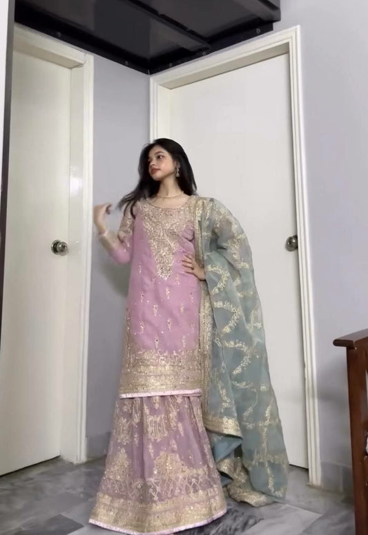 Heavy Faux Georgette With Embroidery Sequence Work With Diamond & Riyal Mirror Hand Work Sharara Palazzo Dress