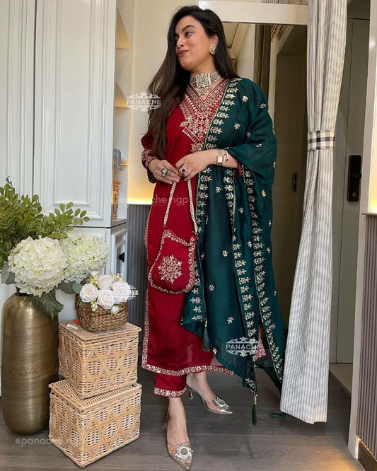 Heavy Vichitra Silk With Fancy Heavy Embroidery Sequence Work And Lace Border Dupatta Dress