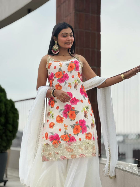 PURE CHINON SILK WITH ATTRACTIVE EMBROIDERY SEQUENCE CODING WORK AND TRANDY DIGITAL PRINT KURTI PALAZZO