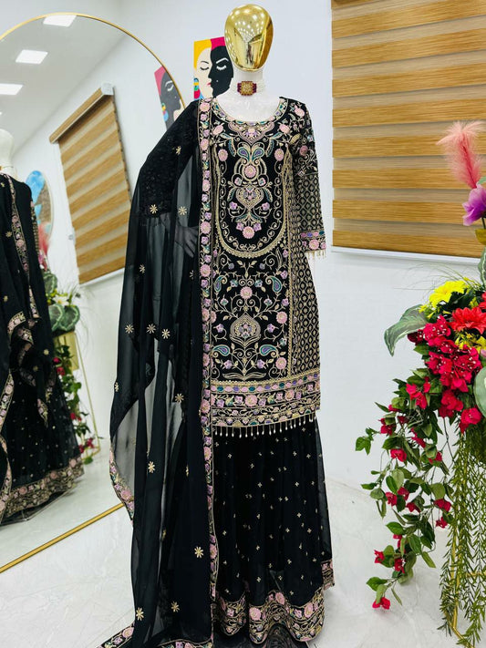 Fox Georgette With Siquence Embroidery Work And Siquence Embroidery Less Dupatta Type Top & Palazzo