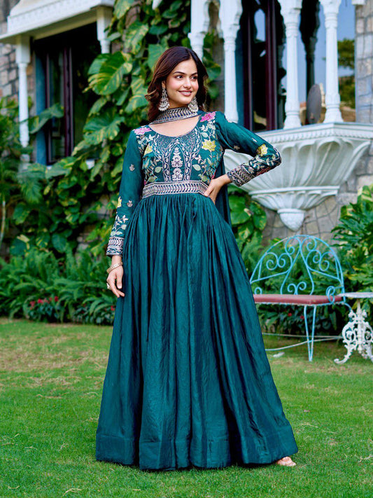 Fendy Silk With Heavy Cording Sequence & Thread Embroidery Work Gown