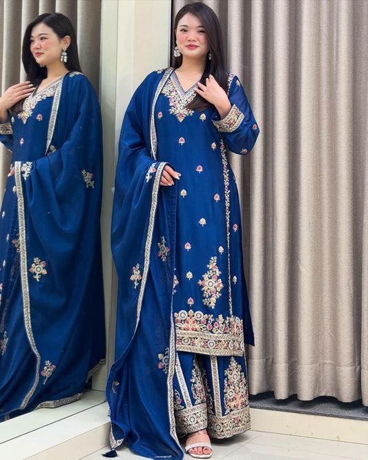 Chinon Silk With Round Neck And Codding Siquence Embroidery Work Sharara Dress