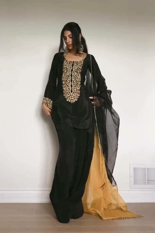 Natural Satin With Heavy Embroidery Sequins Work With Elastic & Can-Vas Patto Type Farshi Palazzo Dress