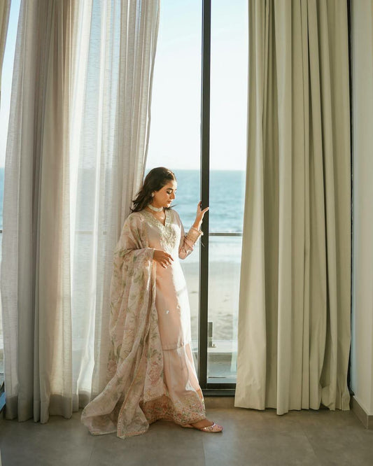 Pure Natural Crepe With Embroidery Sequence Work With Sleeves With Elastic Palazzo Dress