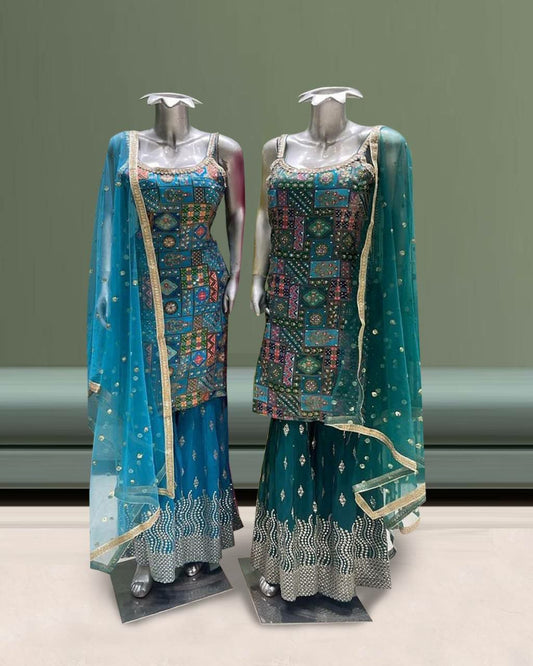 Pure Chinon Silk With Fancy Digital Print & Real Mirror And Stone Hand Work With Elastic Palazzo Dress