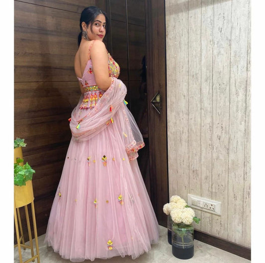 Net With Thread Work & Can Can Attach & Peplum Style Banglori Satin Blouse With Zari Work Type Lehenga Choli