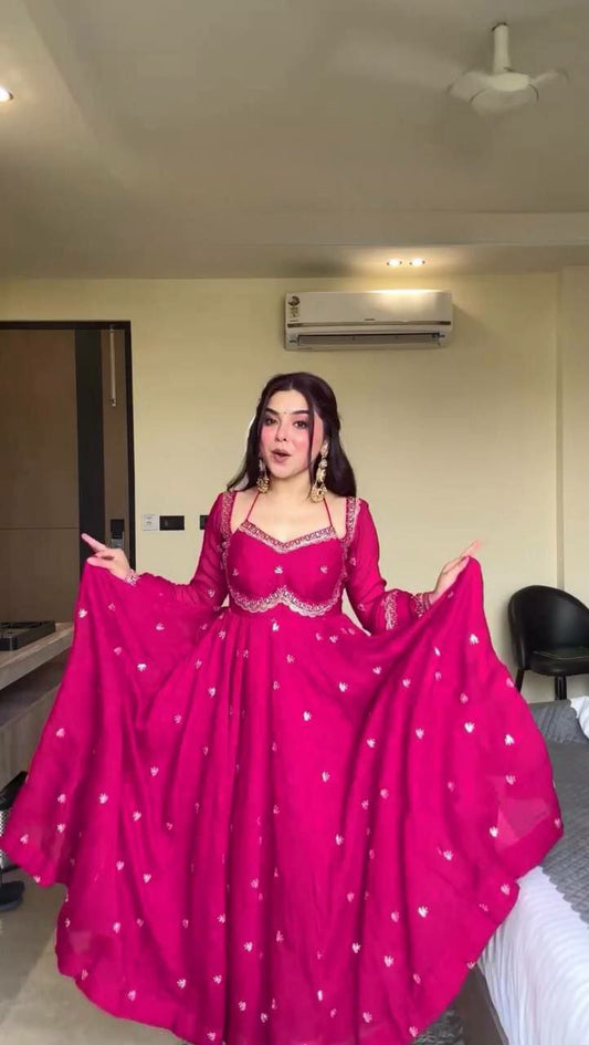 Foux Georgette And Thread With Sequence & 4-Side Lace Broder With Stretchable Elastic Pent Type Anarkali Gown