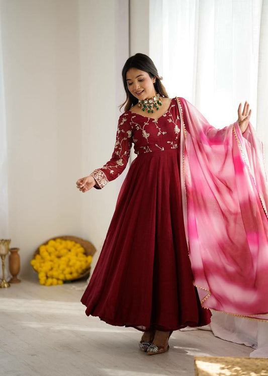 Heavy Crunchy Silk With Embroidery Sequence Work & Digital Print With Lace Border Dupatta Type Palazzo Gown