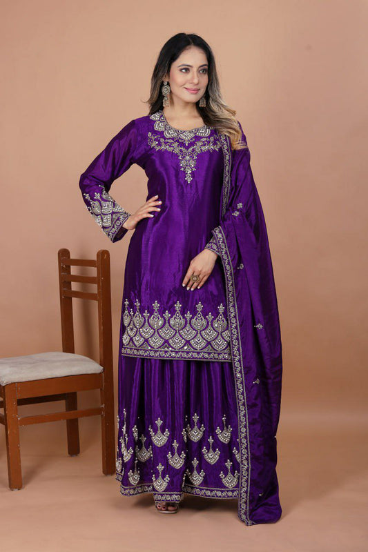 Chinon With Coding Sequence Embroidery Work And Rivet Moti Work With Elastic Sharara Dress