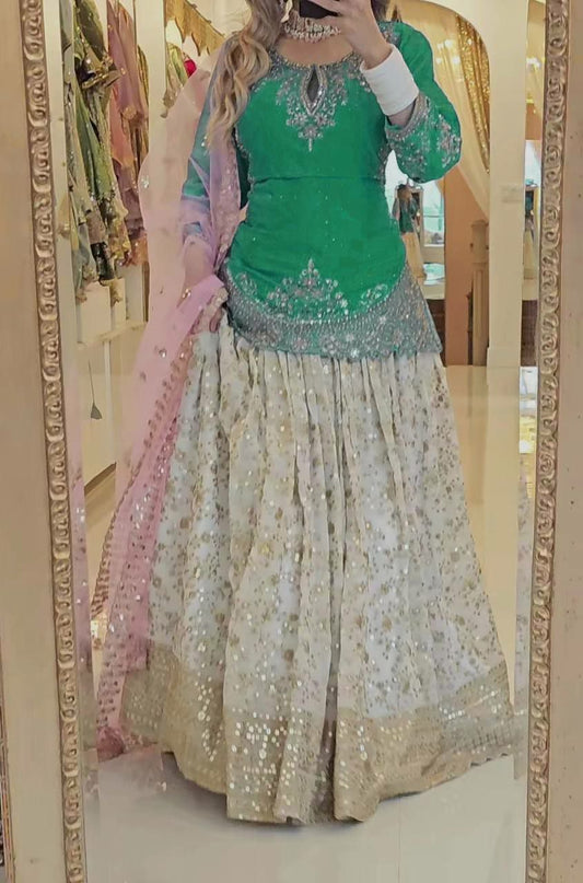 Heavy Chinon Silk With Sequence Embroidery Work & Heavy Butterfly Net Material Dupatta Type Top & Lehenga