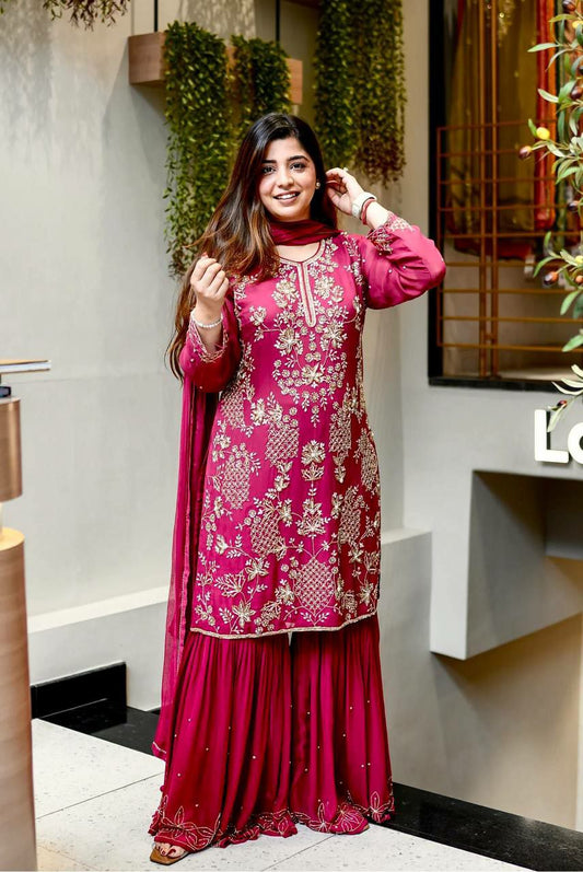 Heavy Faux Georgette & Embroidery Sequence Work With Lace Border Dupatta Type Sharara Palazzo Dress
