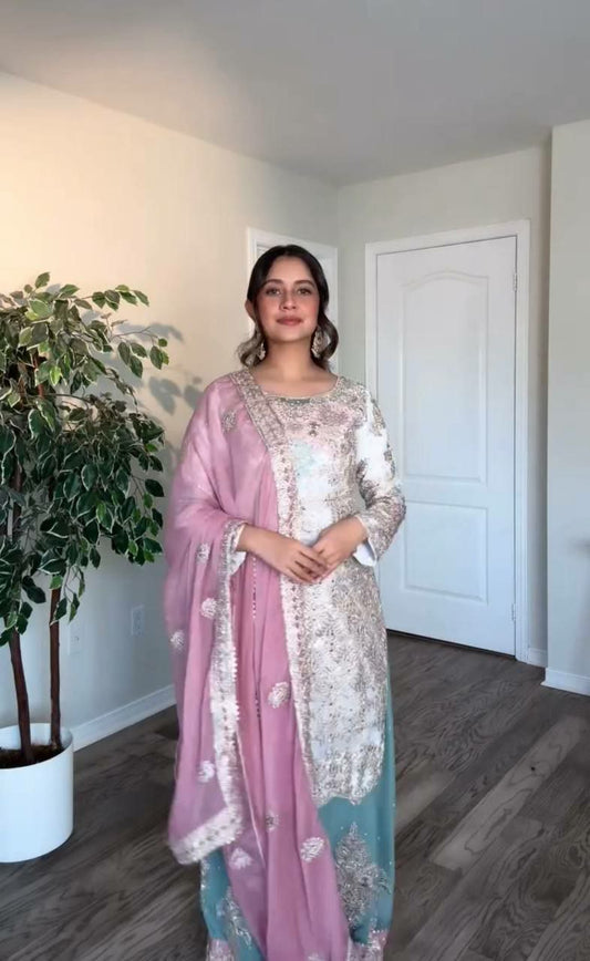 Hand Embroidery With Sleeves Pattern Faux Georgette Kurti & Plazzo With Mirror Work