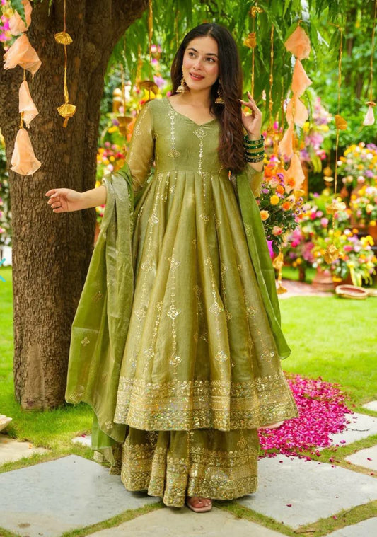 Heavy Crunchy Silk With Heavy Embroidery Sequence Work With Fully Flair Gown