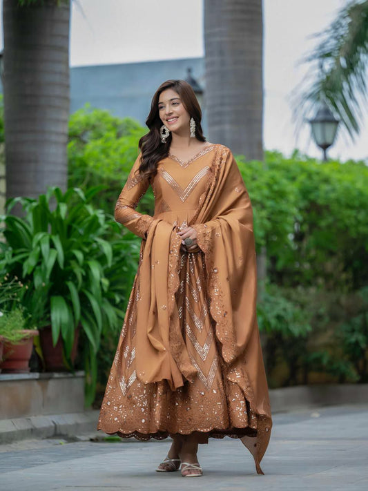 Heavy Pure Chinon Silk And Sequence Embroidery Work With Fancy Full Sleeves Bordar Anarkali Dress