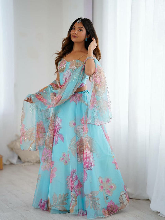 Pure Organza Corset Pattern Blouse With Embroidery Sequence Work And Digital Printed Lehenga Choli