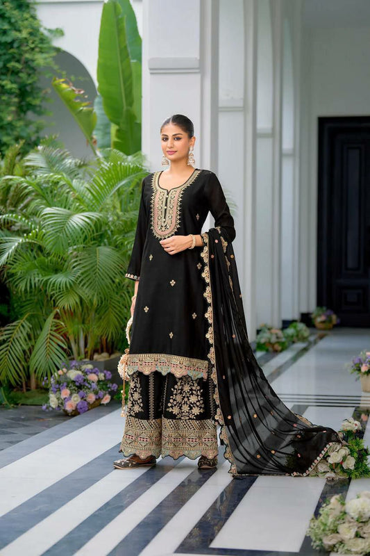 Heavy Chinon Silk And Malty Thread Embroidery Sequence Work With Flair And Lace Border Sharara Dress