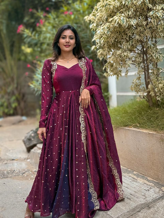 Heavy Fandy Silk With Micro Cotton And Embroidery Sequence Work With Sleeves Type Bottom Gown