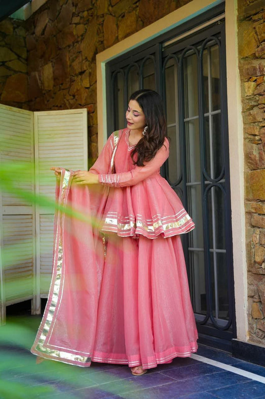 Tabby Organza With Heavy Micro Cotton + Full Flair And Design Lace Border Type Sharara Palazzo Dress