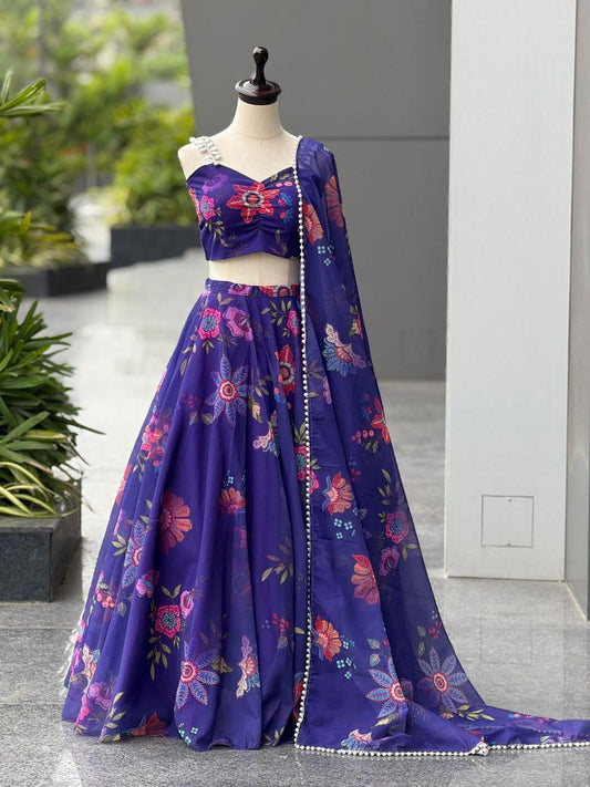 Pure Organza Silk & Digital Printed With Pearl Moti + Kodi Strip With Canvas Patta Lehenga Choli