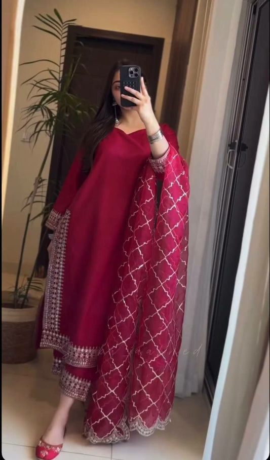 Malay Satin Silk With Heavy Embroidery Thread Work With Ready Made Less Border Type Dress