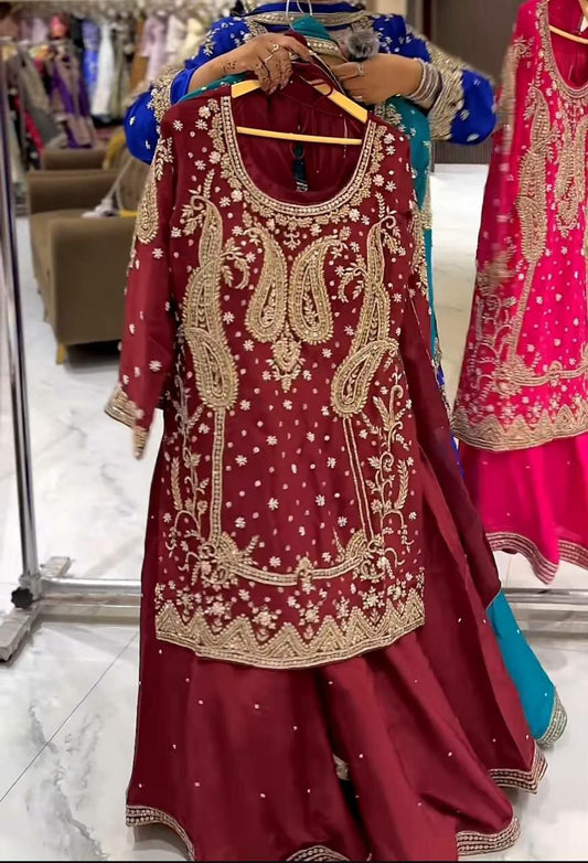 Heavy Chinon Silk Material & Sequence Embroidery Work With Moti Work & Fancy Lees Dupatta Type Sharara Palazzo Dress