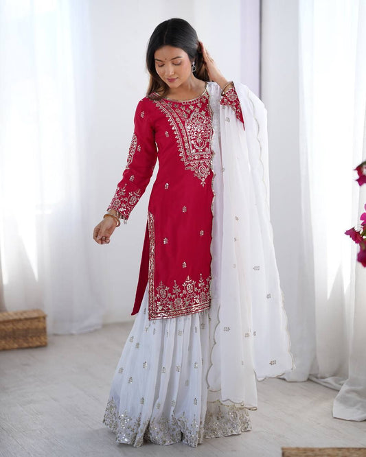 Heavy Pure Chinon And Embroidery Sequence With Fully Flair With Lace Border Sharara Palazzo