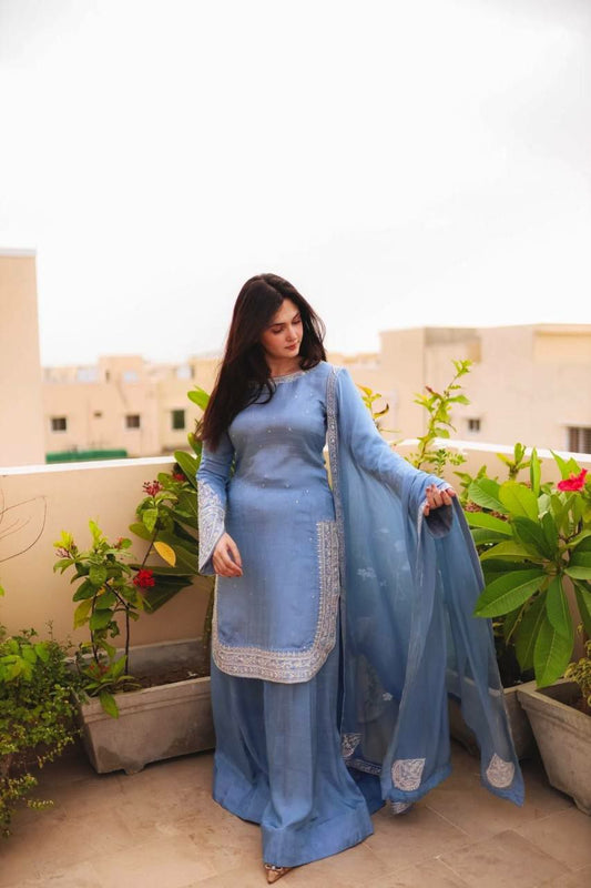 Heavy Faux Georgette With Heavy Micro Cotton And Embroidery Sequence Work With Fully Flair And Lace Border Sharara Palazzo Dress