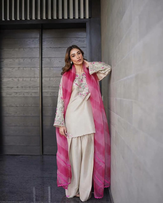 FRENCH CRAPE WITH EMBROIDERY WORK AND PRINTED SOFT ORGANZA WITH LACE AND LATKAN SALWAAR SUIT
