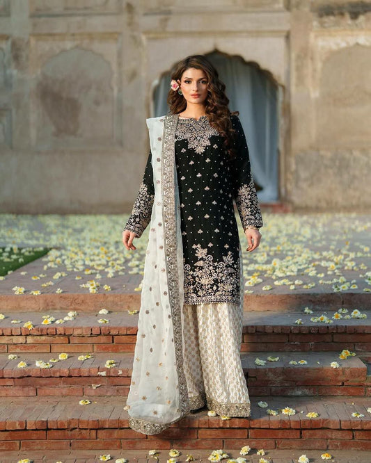 Pure Chinon Silk With Heavy Embroidery And Sequin Work With Riveted Moti Work With Lace Border Palazzo Dress