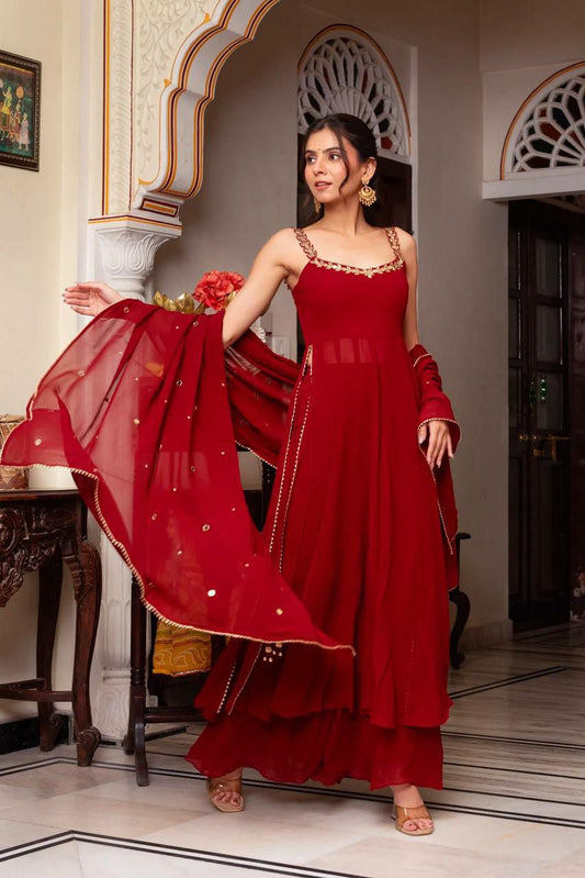 Faux Georgette With Handwork With Real Mirror Work And Four Side Lace Broder Dupatta Type Palazzo Dress