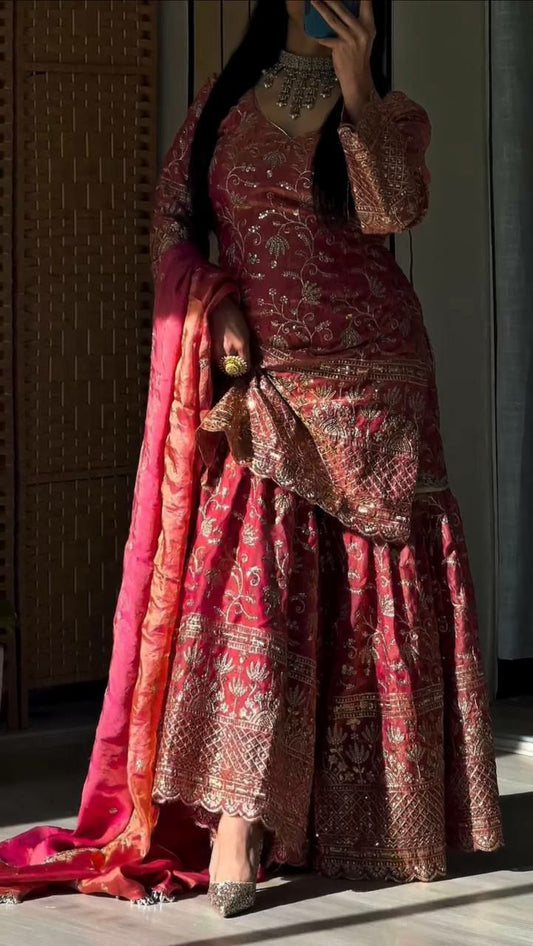 Heavy Fandy Crush Silk With Sequence Embroidery Work And Fancy Lees Dupatta Type Sharara Palazzo Dress