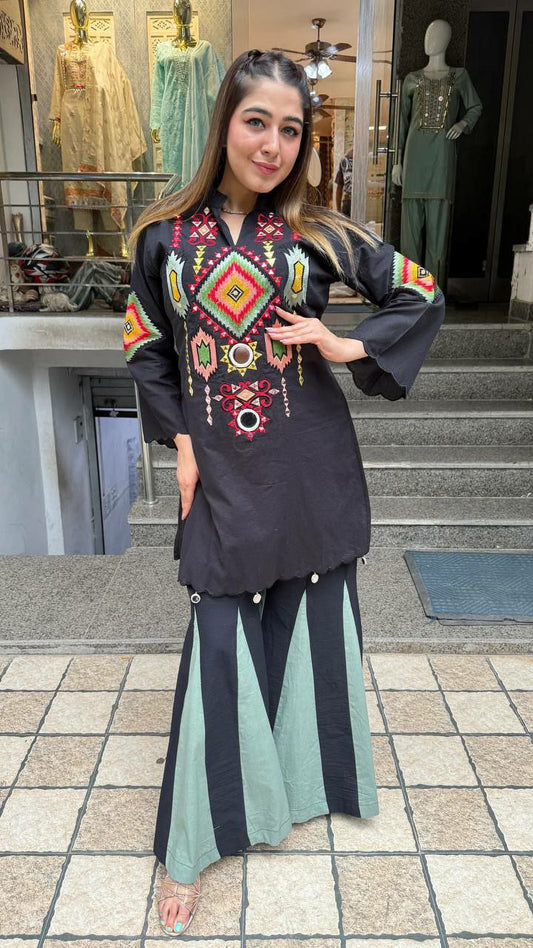 Pure Cotton Embroidery Work And Real Mirror Work With Full Flair Palazzo Suit