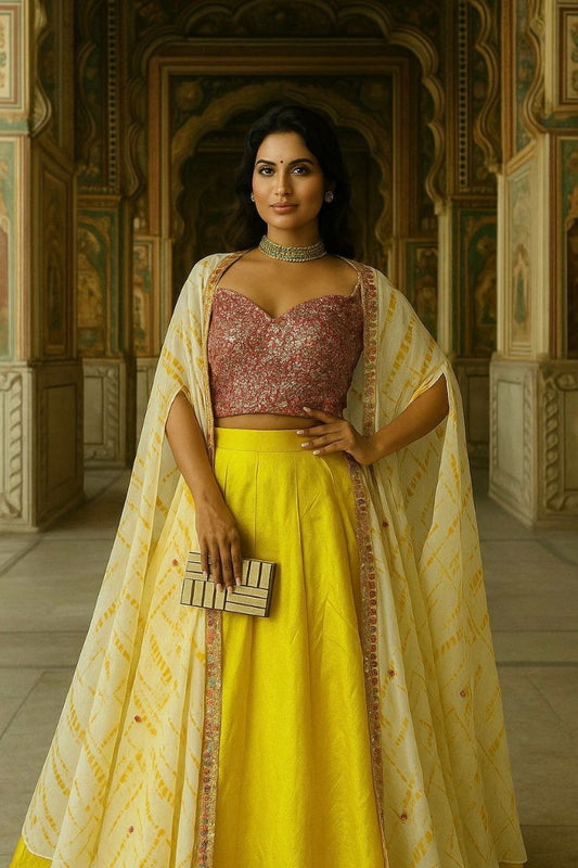 Kasturi Slub Silk With Shibori print + Foil Mirror Work & Thread Work With Can Can Attach Lehenga Choli