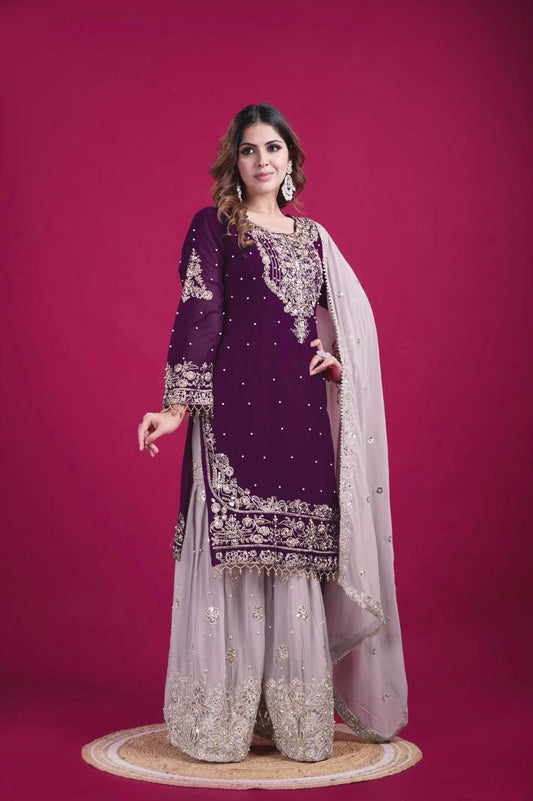 Heavy Faux Georgette And Embroidery Coding Dori-Sequence Work With Rivet Moti Work And Lace Border Palazzo Dress