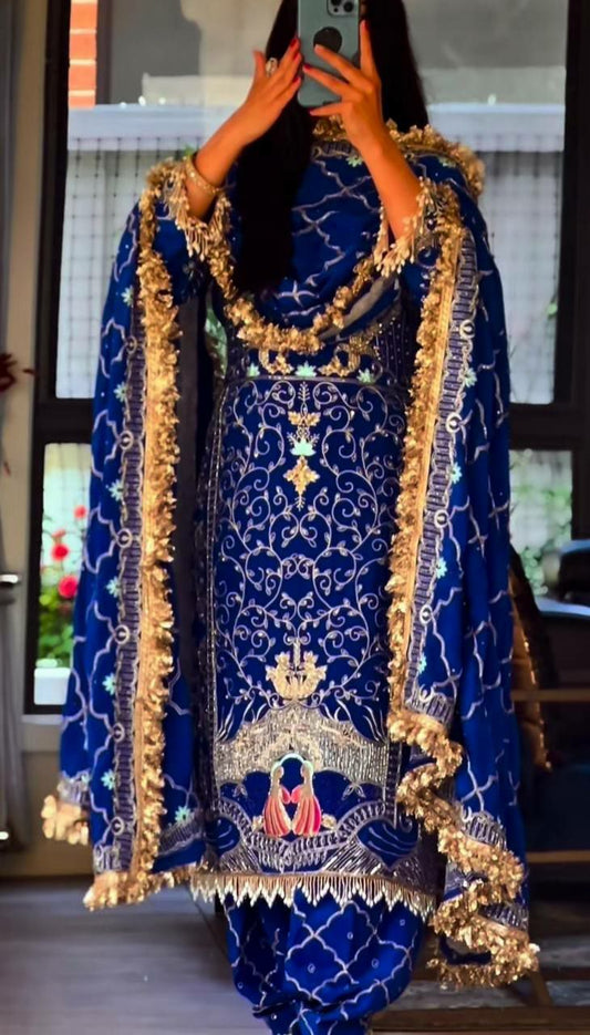 Natural Crepe With Heavy Embroidery Sequence Work And Fancy Lees Dupatta Type Dhoti Salwar Suit