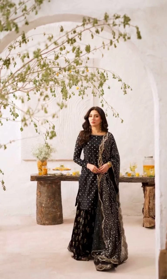 Heavy Faux Georgette And Heavy Embroidery Sequence With Fully Flair And Lace Border Sharara Palazzo Dress