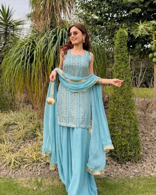 Fox Georgette With Embroidery Sequence Work And Less Work Dupatta Type Palazzo Dress